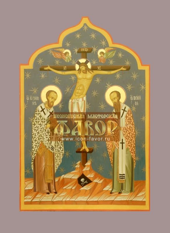 Икона Распятие с предстоящими Иоанном Златоустом и Василием Великим